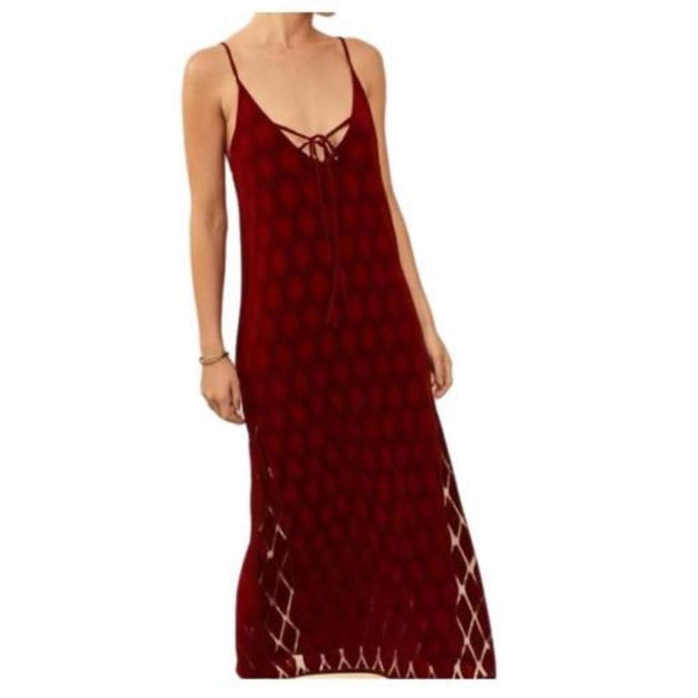 BAND OF THE FREE BURGUNDY MERLOT LILA V-NECK BOHO SPLIT MIDI DRESS SIZE XS NWT - Picture 2 of 6